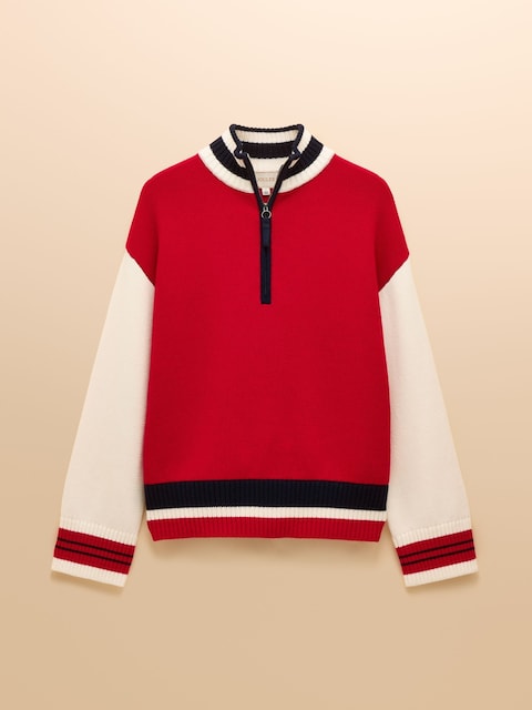 joules Varsity Red/Cream Colourblock Quarter Zip Cotton Jumper