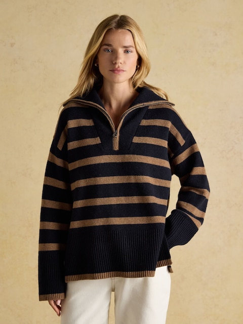 Joules Waverley Wool-Rich Navy & Tan Stripe Quarter Zip Funnel Neck Jumper