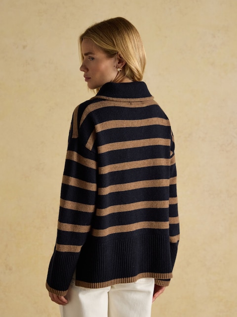 Joules Waverley Wool-Rich Navy & Tan Stripe Quarter Zip Funnel Neck Jumper