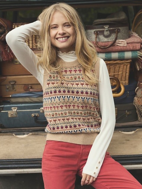 Joules Woodland Oatmeal Cotton-Rich Intarsia Crew Neck Knitted Vest