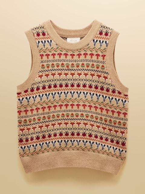 Joules Woodland Oatmeal Cotton-Rich Intarsia Crew Neck Knitted Vest