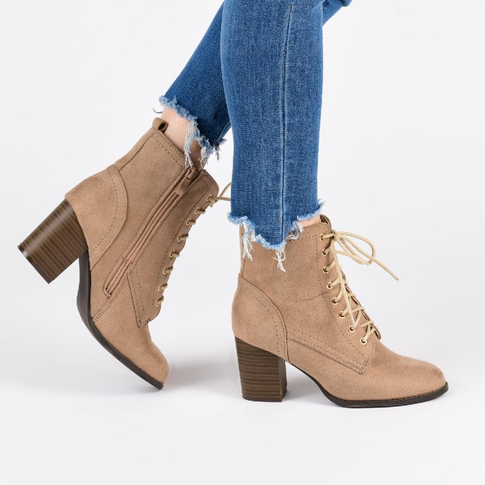 Journee Collection BAYLOR LACE-UP BOOTIES IN FAUX SUEDE Bone Faux Suede