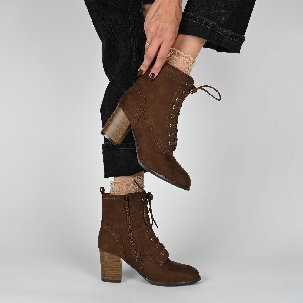 Journee Collection BAYLOR VEGAN LEATHER LACE-UP BOOTIES IN WIDE Brown PU