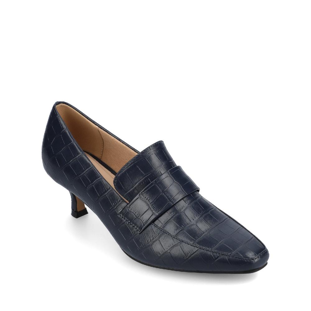 Journee Collection CELINA KITTEN LOAFER HEELS IN CROCO STATEMENT WIDE Navy Nubuck