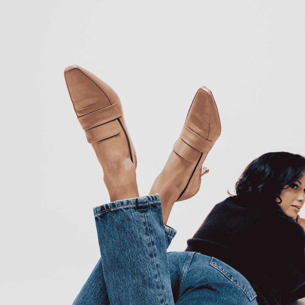 Journee Collection CELINA KITTEN LOAFER HEELS IN CROCO Tan