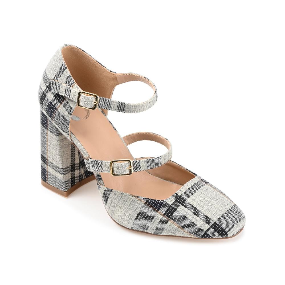 Journee Collection ISADORAH MARY JANE HEELS IN FABRIC Tan Plaid