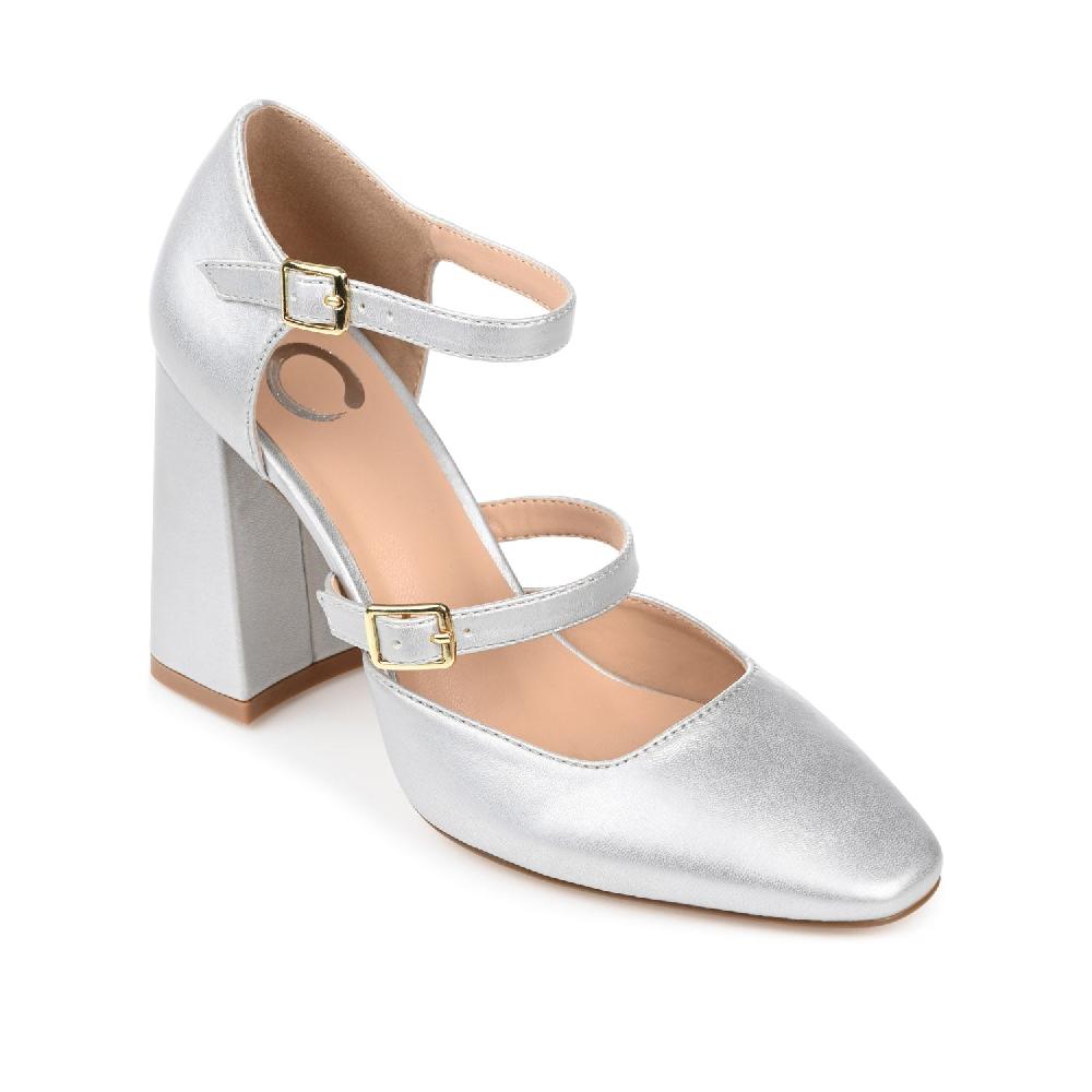 Journee Collection ISADORAH MARY JANE HEELS IN FAUX LEATHER Silver PU