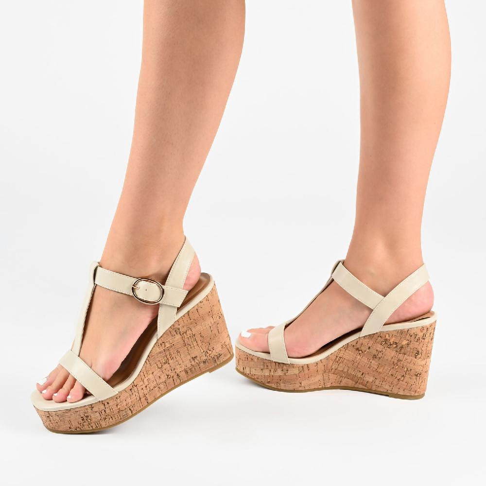 Journee Collection MATILDAA CORK WEDGE HEEL SANDALS IN FAUX LEATHER Bone