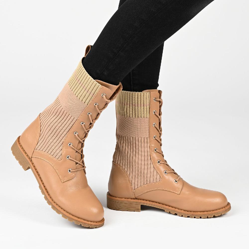Journee Collection MELEI LACE UP BOOTS IN FAUX LEATHER Beige