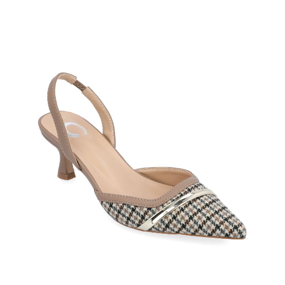 Journee Collection NELLIA SLINGBACK KITTEN HEELS IN TWEED Taupe Houndstooth Tweed