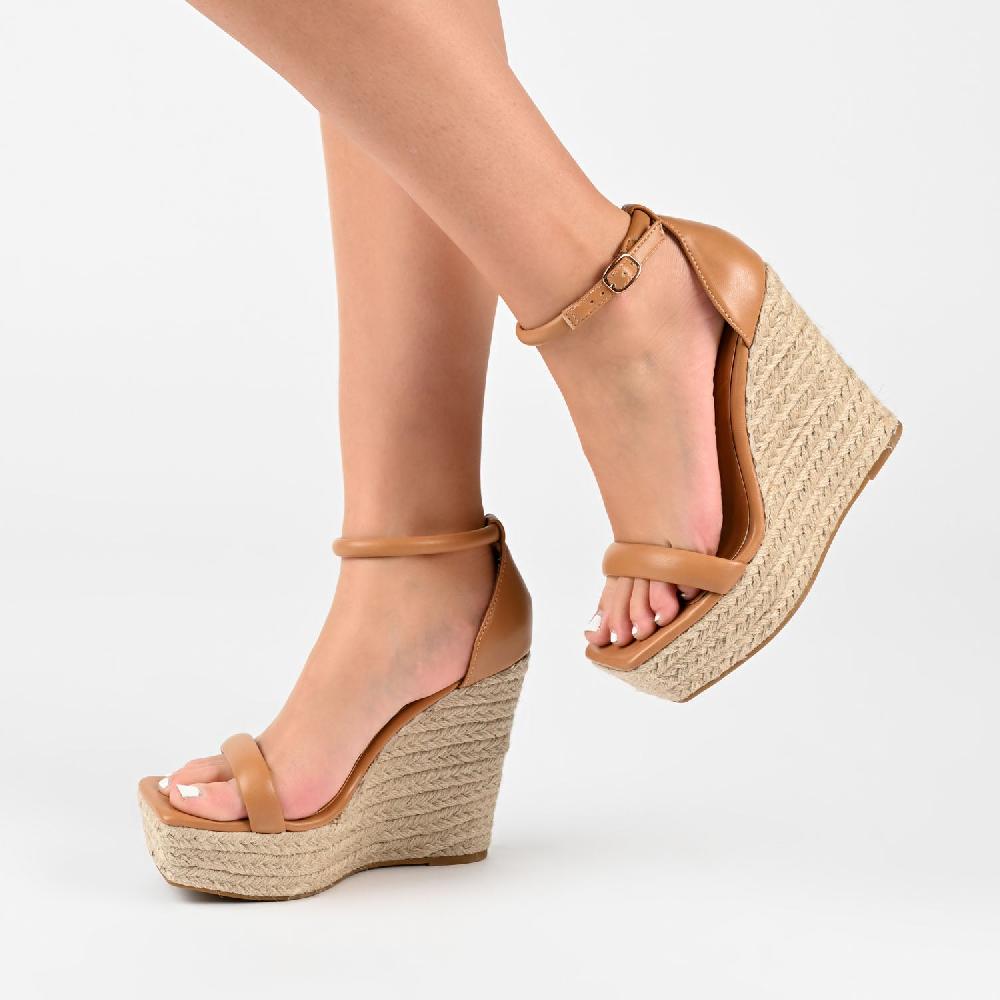 Journee Collection OLESIA ESPADRILLE WEDGE SANDALS IN FAUX LEATHER Tan