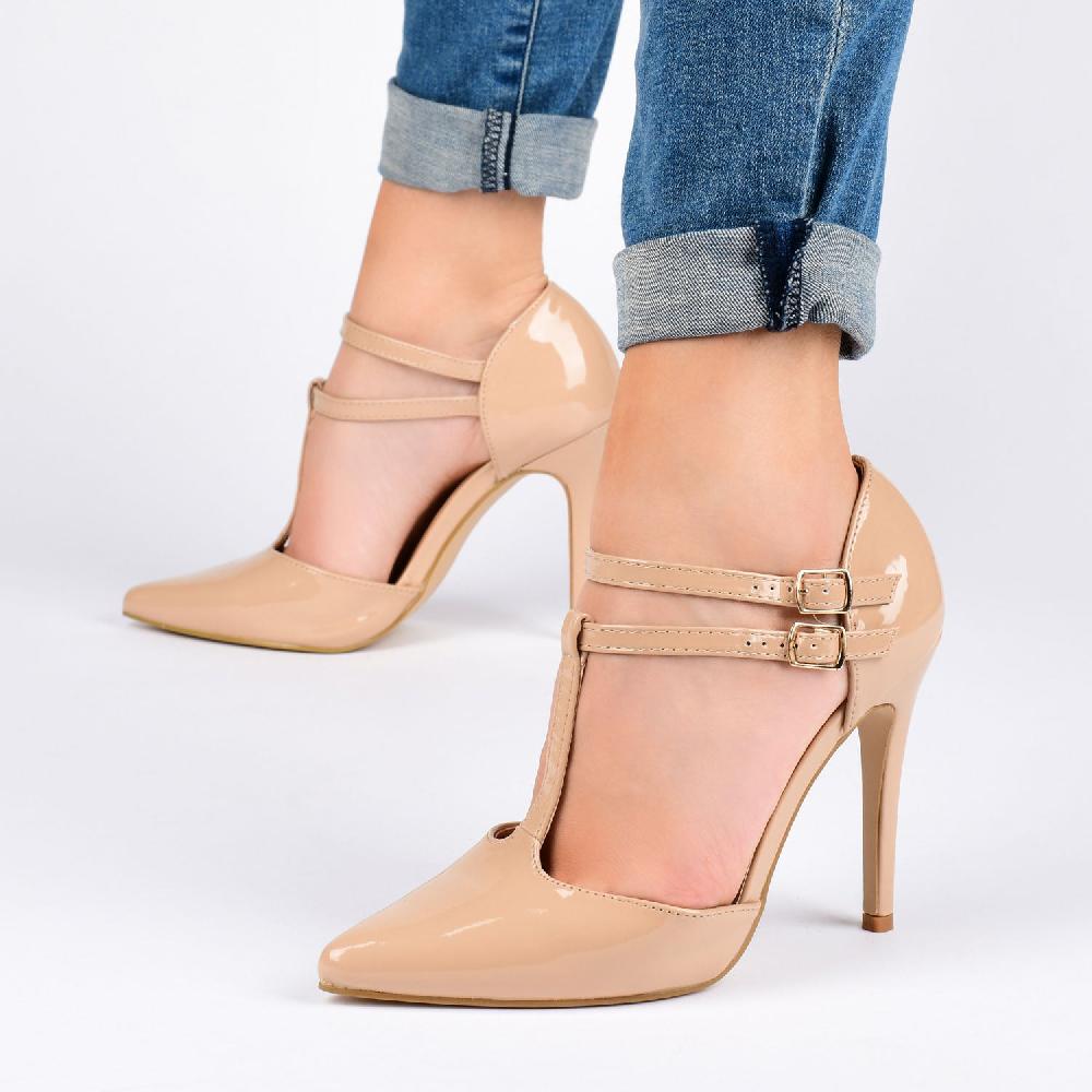 Journee Collection TRU T-STRAP STILETTO PUMP HEELS IN PATENT Nude