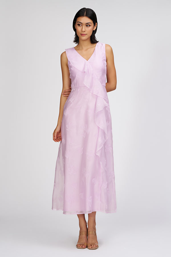js collections Geneva Cascade Tea Length Dress Pale Lilac