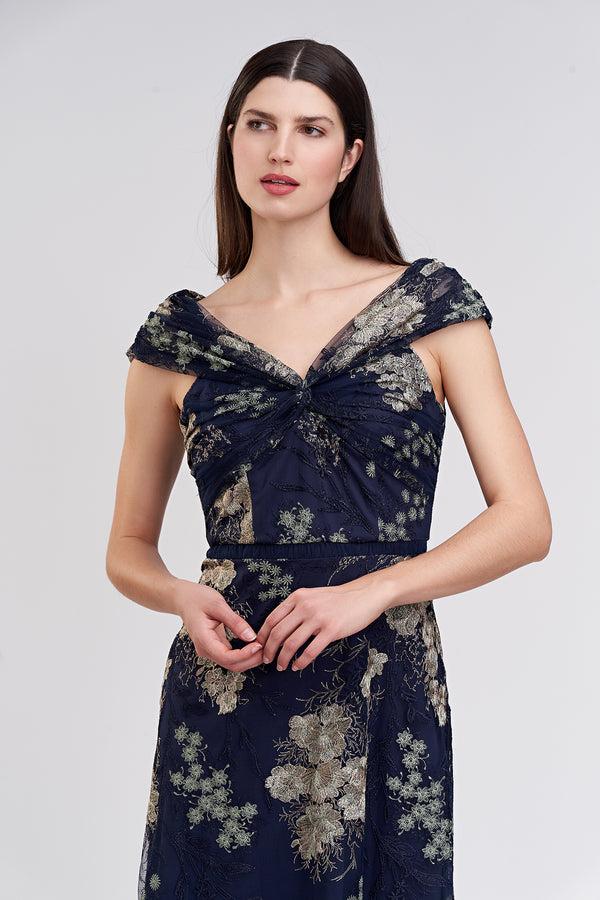 Js Collections Camilla Twist A-Line Gown Navy Jade