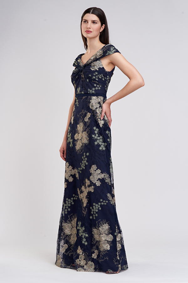 Js Collections Camilla Twist A-Line Gown Navy Jade