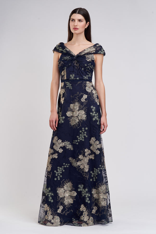 js collections Camilla Twist A-Line Gown Navy Jade