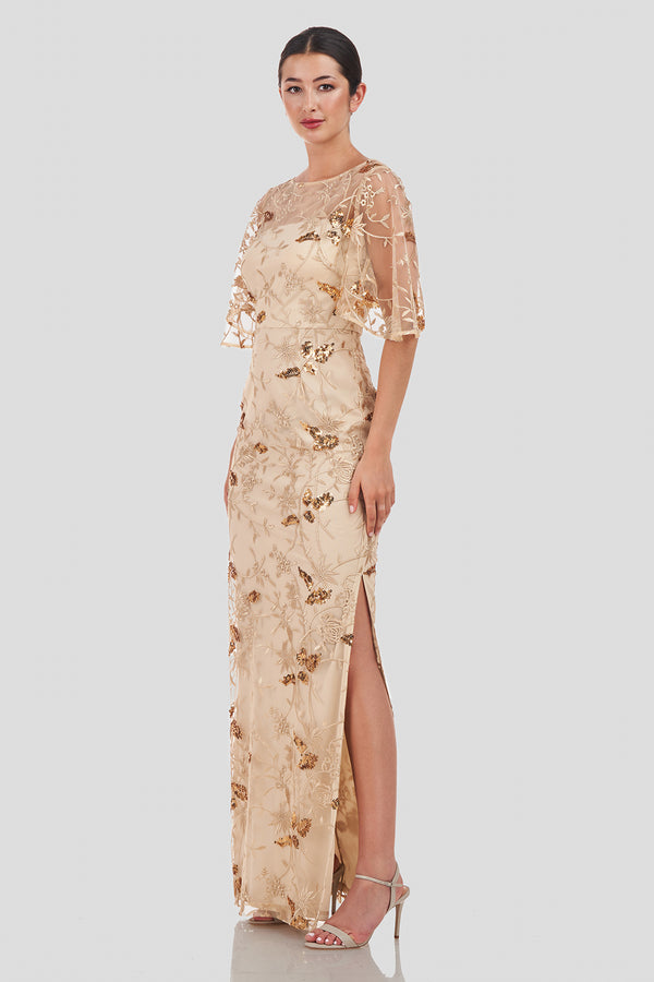 Js Collections Daphne Flutter Column Gown GOLD