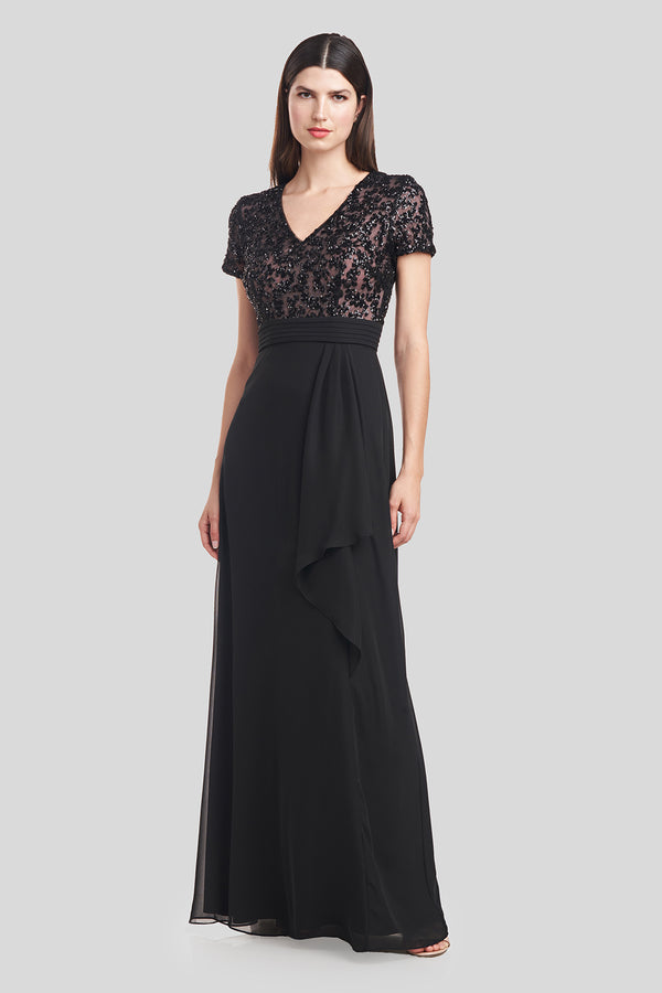 js collections Eliana Mixed Fabric Gown Blk/Blush