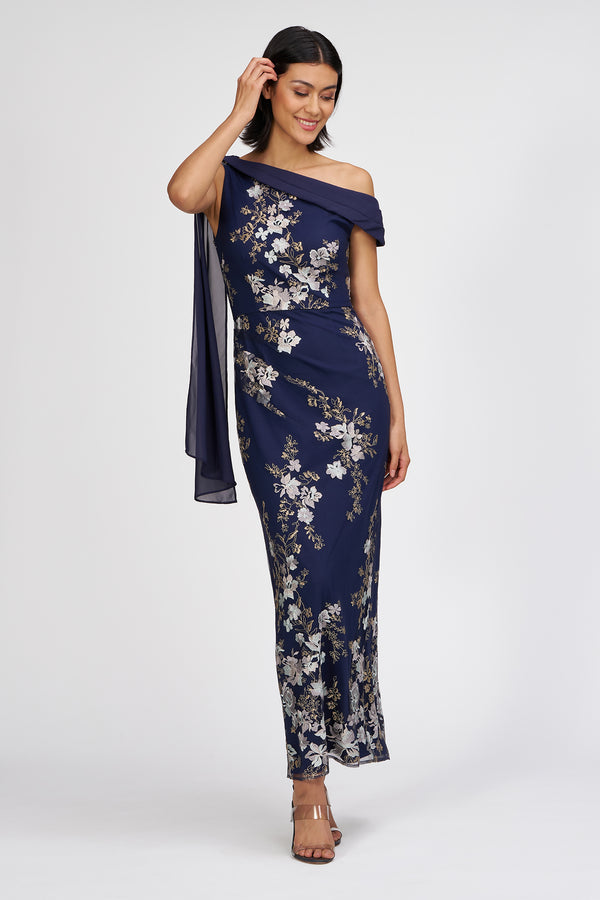 Js Collections Elisa Scarf Ankle Gown Navy