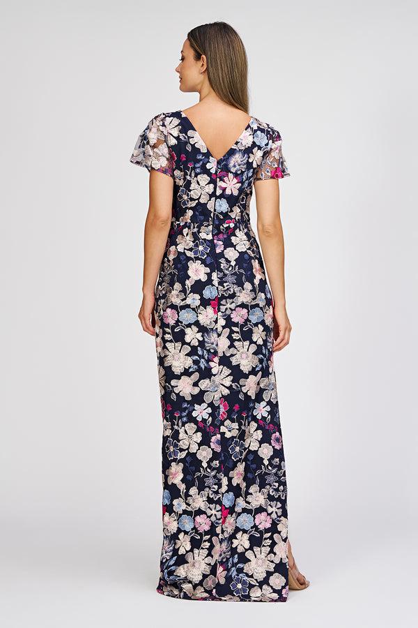 Js Collections Magnolia Pleat-Sleeve Gown Navy Multi