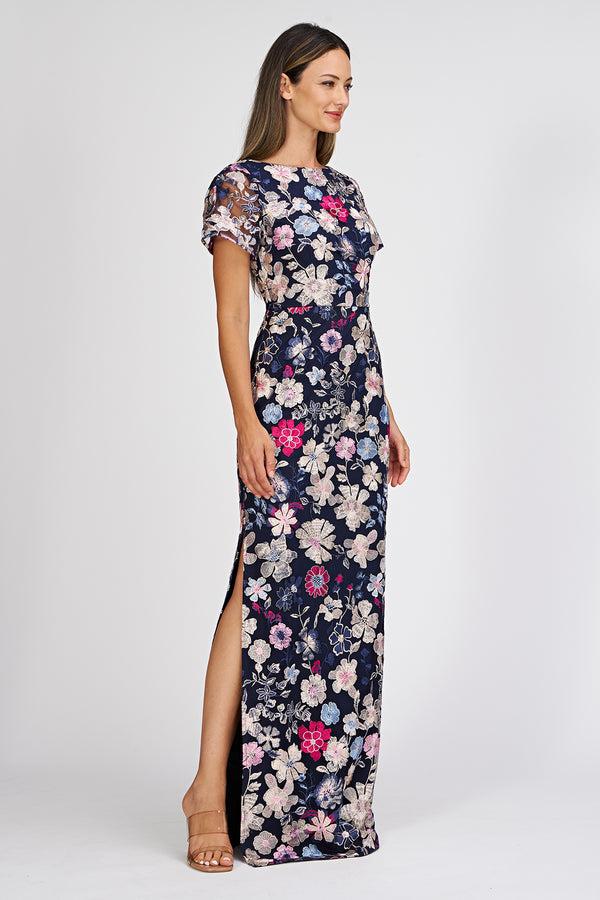 Js Collections Magnolia Pleat-Sleeve Gown Navy Multi