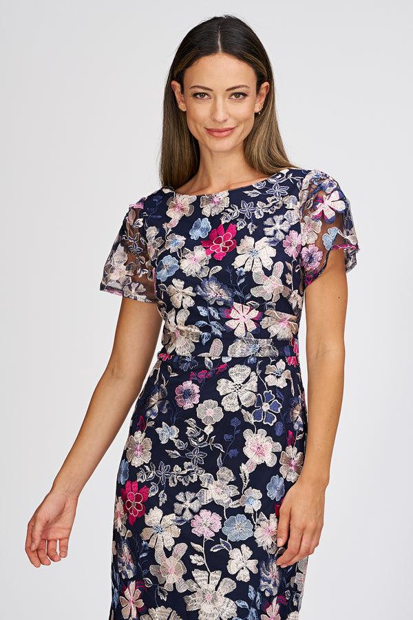 Js Collections Magnolia Pleat-Sleeve Gown Navy Multi