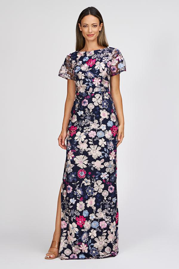 js collections Magnolia Pleat-Sleeve Gown Navy Multi