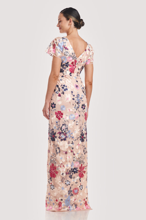 Js Collections Magnolia Pleat-Sleeve Gown Rose Gold Multi