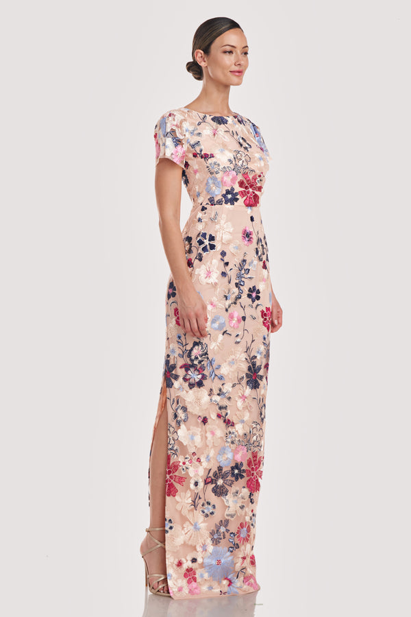 Js Collections Magnolia Pleat-Sleeve Gown Rose Gold Multi