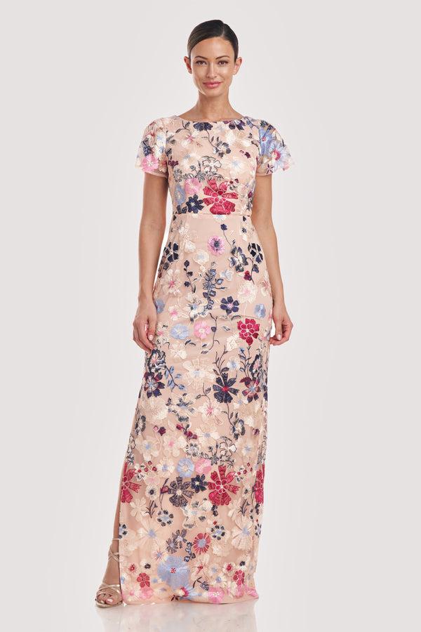 js collections Magnolia Pleat-Sleeve Gown Rose Gold Multi