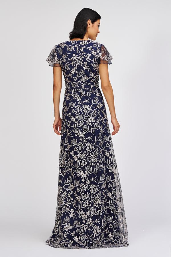 Js Collections Skylar Flutter Sleeve Gown Navy/ Wheat