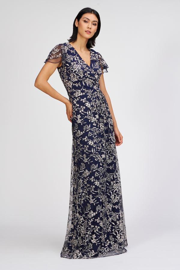 Js Collections Skylar Flutter Sleeve Gown Navy/ Wheat