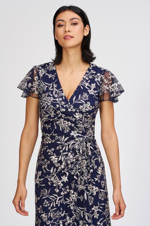 Js Collections Skylar Flutter Sleeve Gown Navy/ Wheat