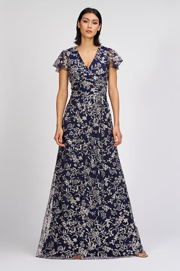 js collections Skylar Flutter Sleeve Gown Navy/ Wheat