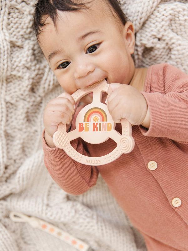 Ju Ju Be Silicone Teether Ring & Detachable Clip - Be Kind Rainbows