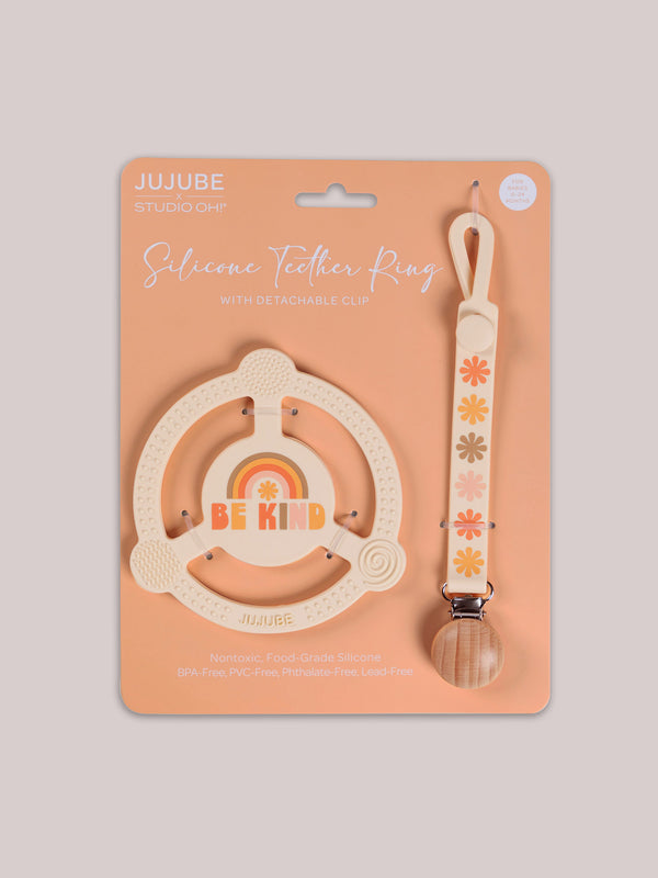 ju ju be Silicone Teether Ring & Detachable Clip - Be Kind Rainbows