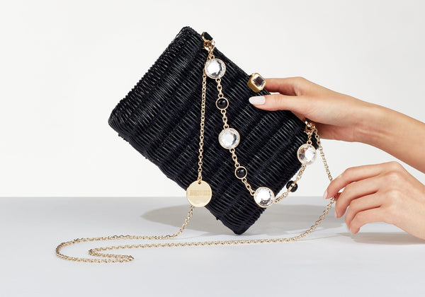 judith leiber Hailey Wicker Basket Natural Stone Black