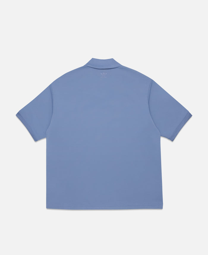 juice Trefoil Logo Play Football Graphic Short Sleeve Polo Shirt (Blue)