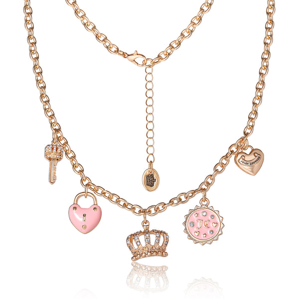 Juicy Couture Charm Necklace With Pink Enamel Accents And Crystal Details