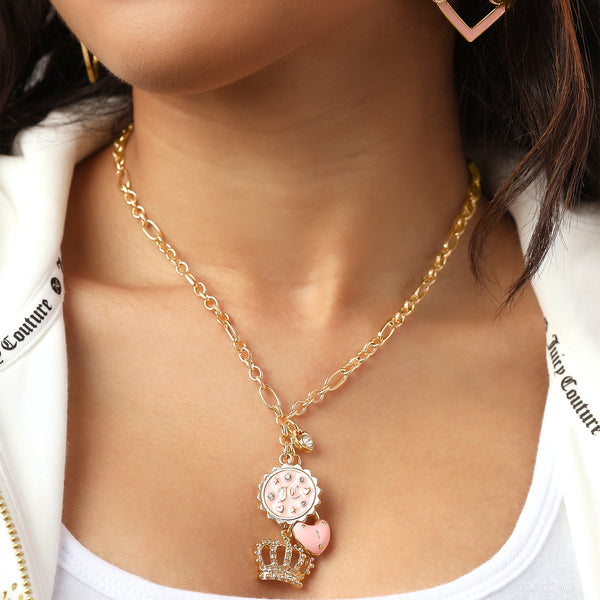 Juicy Couture Layered Charm Necklace With Pink Enamel Accents