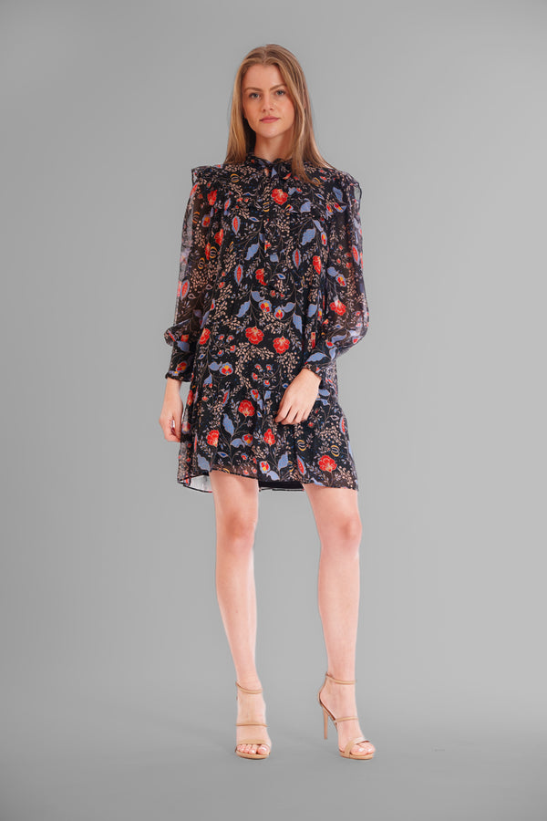 Julia Jordan 1 PC TIE NECK SHORT DRESS WITH LONG SLEEVES BLACK MULTI