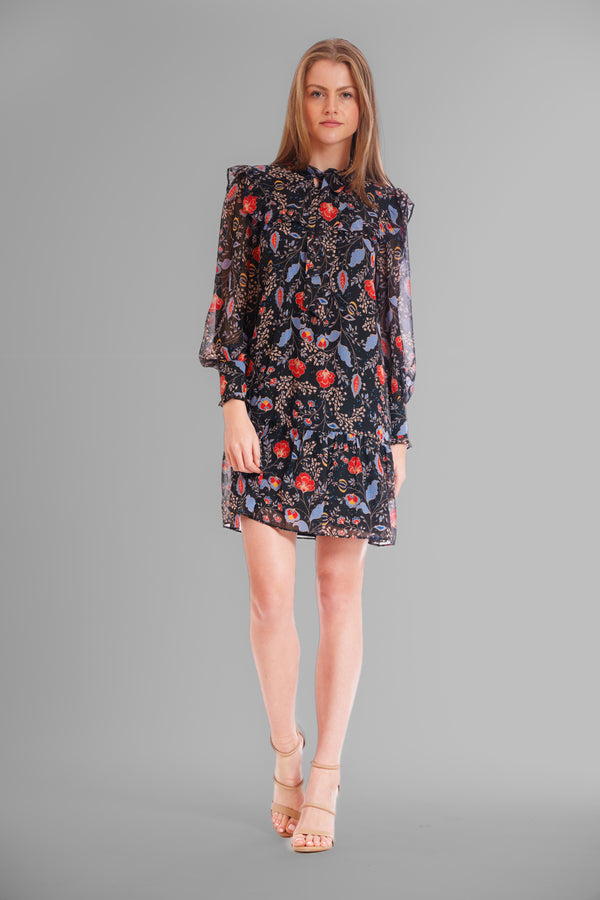 julia jordan 1 PC TIE NECK SHORT DRESS WITH LONG SLEEVES BLACK MULTI