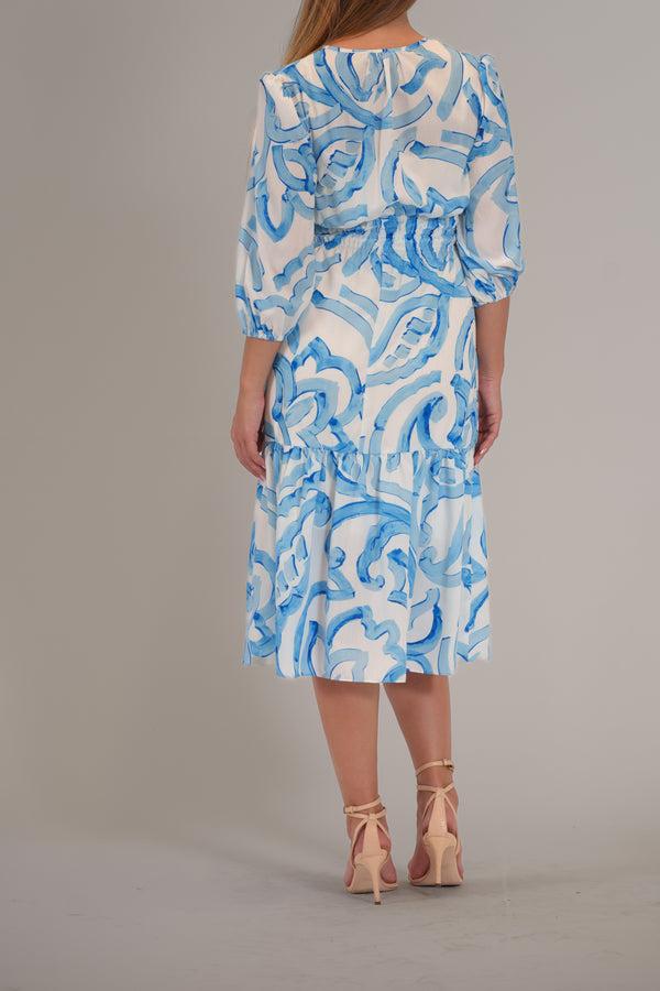 Julia Jordan 3/4 SLEEVE PRINTED LAWN MIDI DRESS BLUE IVORY