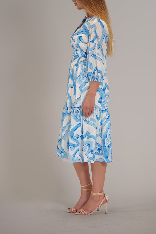 Julia Jordan 3/4 SLEEVE PRINTED LAWN MIDI DRESS BLUE IVORY