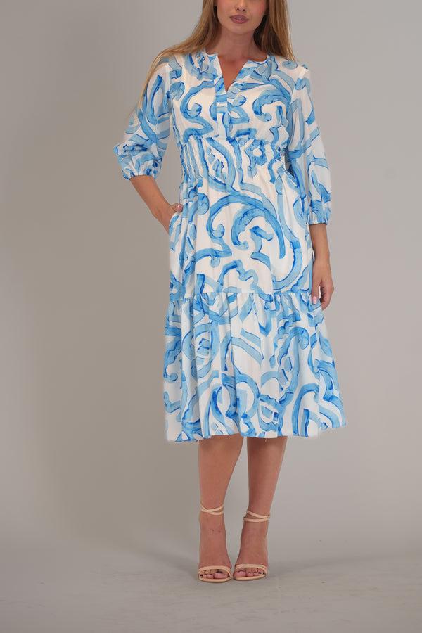 julia jordan 3/4 SLEEVE PRINTED LAWN MIDI DRESS BLUE IVORY