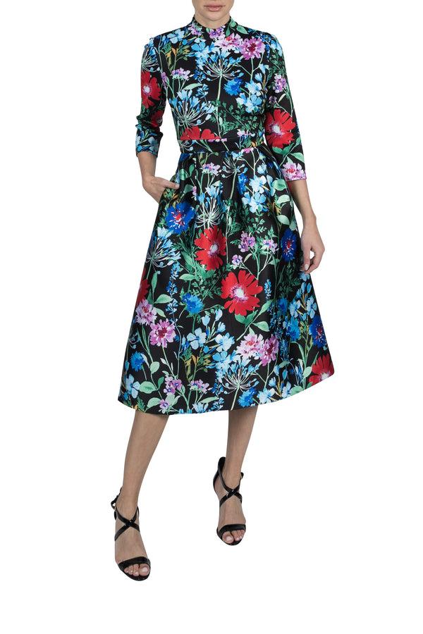 Julia Jordan 3/4 SLEEVE PRINTED SCUBA DRSS W/ PRINTED MIKADO SKIRT BLACK MULTI