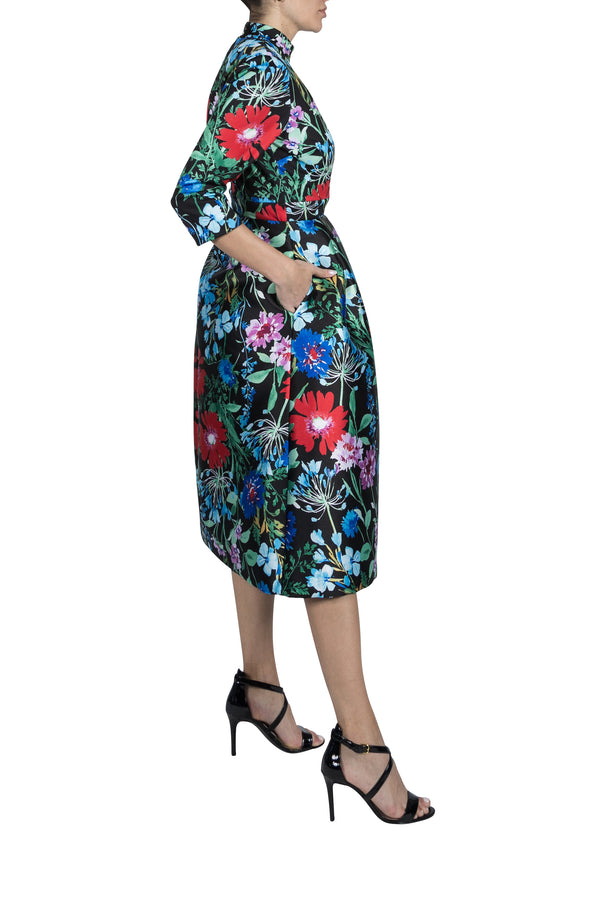 Julia Jordan 3/4 SLEEVE PRINTED SCUBA DRSS W/ PRINTED MIKADO SKIRT BLACK MULTI