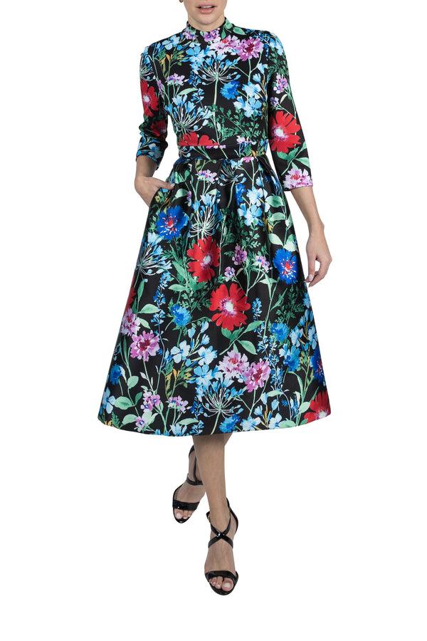 julia jordan 3/4 SLEEVE PRINTED SCUBA DRSS W/ PRINTED MIKADO SKIRT BLACK MULTI