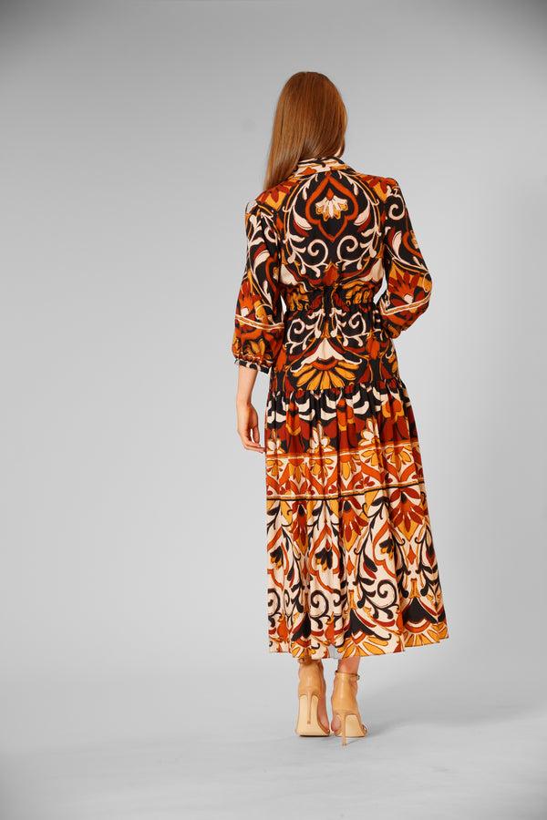 Julia Jordan 3/4 SLV MIDI DRESS W/ COLLAR & TIE WAIST BLACK MULTI