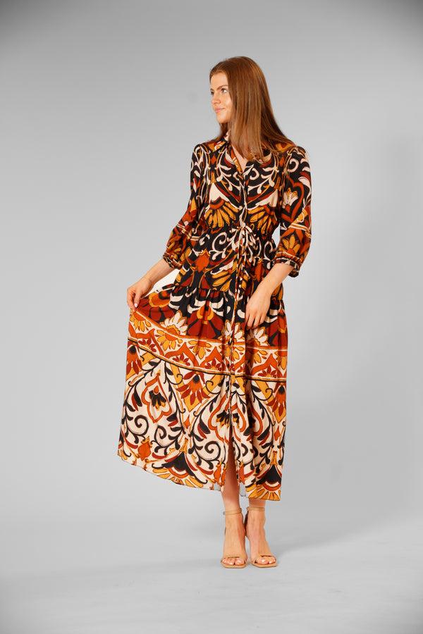 Julia Jordan 3/4 SLV MIDI DRESS W/ COLLAR & TIE WAIST BLACK MULTI